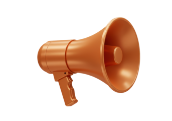 Orange megaphone isolated on transparent background, bullhorn public address system PNG for announcements and communication