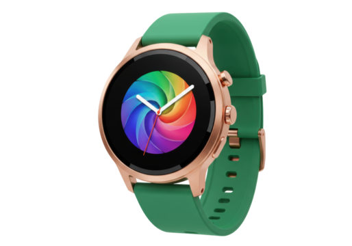 Smartwatch with green band isolated on transparent background, modern wearable tech device for fitness tracking and communication - Powered by Adobe