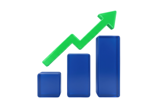 Green arrow and blue bar graph isolated on white, business growth concept in 3D rendering PNG