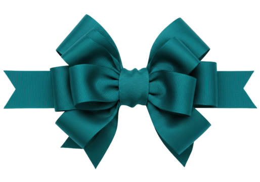 Teal grosgrain ribbon bow isolated on transparent background, elegant hair accessory for crafts and gift wrapping