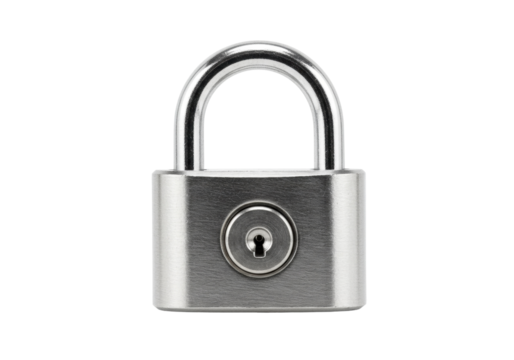 Silver padlock isolated on transparent background, metal security lock for safety and protection, security device for personal belongings