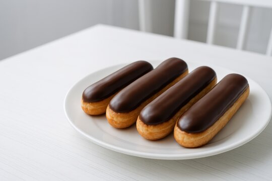 Plate with four perfectly glazed chocolate &eacute;clairs on a white table. Each pastry is evenly coated with glossy dark chocolate and arranged in a minimalist composition that emphasizes symmetry, elegance