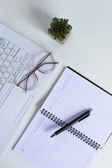 Professional Workspace Essentials Laptop Notebook Pen Glasses