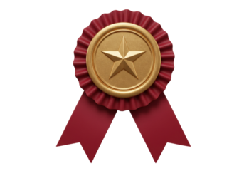 Gold star award badge with red ribbon isolated on transparent PNG, achievement symbol for recognition and celebration