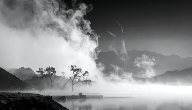 Tranquil grayscale landscape featuring mist over calm waters and mountains - Powered by Adobe