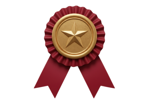 Gold star award badge with red ribbon isolated on transparent PNG, achievement symbol for recognition and celebration