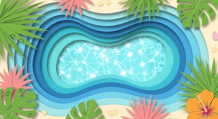 Tropical summer vacation background with a paper cut style swimming pool, palm leaves, and hibiscus flowers on a sandy shore