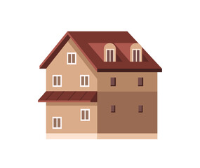 Multi storey residential building of suburb architecture. Facade of suburban house with mansard. Exterior of countryside lodge, village cottage. Flat isolated vector illustration on white background