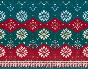 A knitted, festive, seamless pattern in hues of teal, red, and white, featuring snowflake designs and zigzags