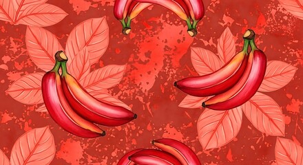 Red Banana Pattern - Tropical Fruit Design with Vibrant Red Bananas and Leaves.