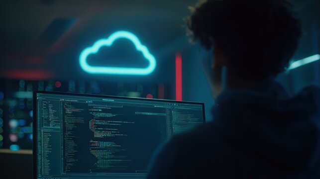 Young male programmer working on code at night with neon cloud and cityscape in background, cybersecurity and software development concept - Powered by Adobe