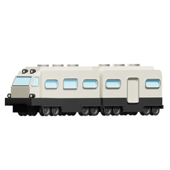 Fototapeta premium A light colored passenger train with dark grey undercarriage and blue tinted windows isolated on a black background