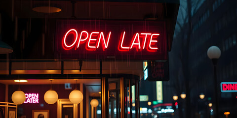 Neon "Open Late" sign above diner window, street reflections, warm retro vibe, rainy evening city scene.