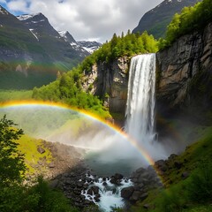 Fototapeta premium Majestic waterfall cascading beneath rainbow in verdant mountain valley
