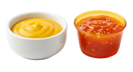 Isolated bowls of mustard and sweet chili sauce for dipping or condiment on plain surface
