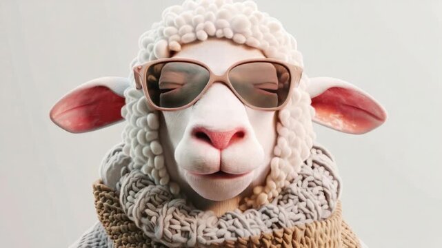 Video Close-up of a sheep wearing sunglasses, possibly in a playful or humorous context