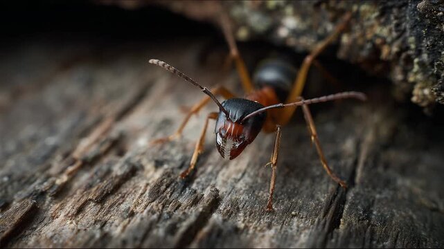 A detailed view of an ant on a wooden surface highlighting its intricate features and textures while showcasing its role in the ecosystem and nature's beauty.