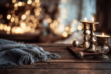 Warm cozy holiday vignette featuring glowing brass candlesticks and a soft woolen throw on a rustic wooden table with festive bokeh lights