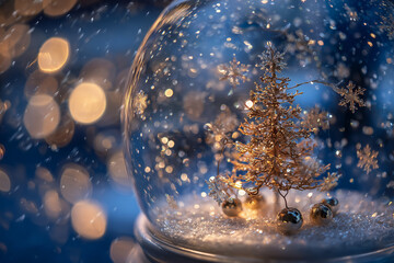 Golden miniature Christmas tree inside a sparkling snow globe with bokeh lights, glittering snowflakes and warm festive glow