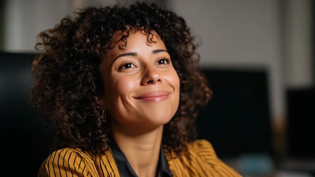 A woman with curly hair sits peacefully with closed eyes, embodying tranquility and inner calm, capturing a moment of self-reflection and the essence of mindfulness.