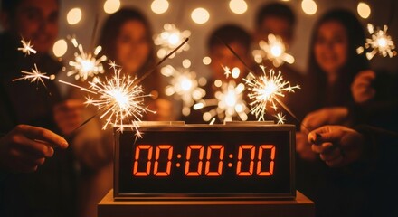 Celebrating the New Year with Sparklers and a Countdown Clock Among Friends Enjoying Festive Illuminations