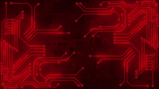 Red color abstract shapes forming cyberspace glowing circuit board design digital loop able technology background
