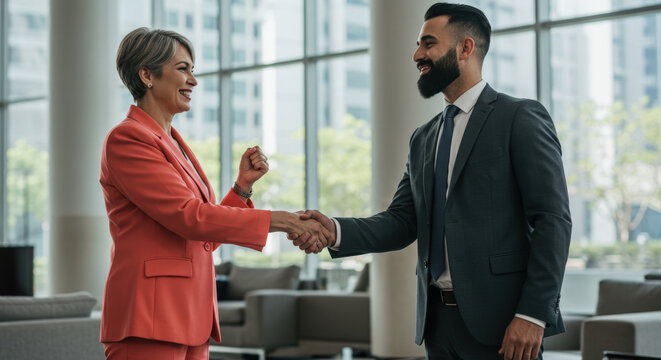 Successful Negotiation: Confident Colleagues Sealing Deal at Meeting