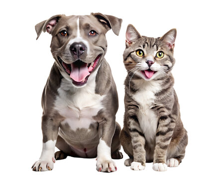 Pit bull dog and tabby cat, happy sitting together with tongues out, cutout, PNG isolated on white or transparent background - Powered by Adobe