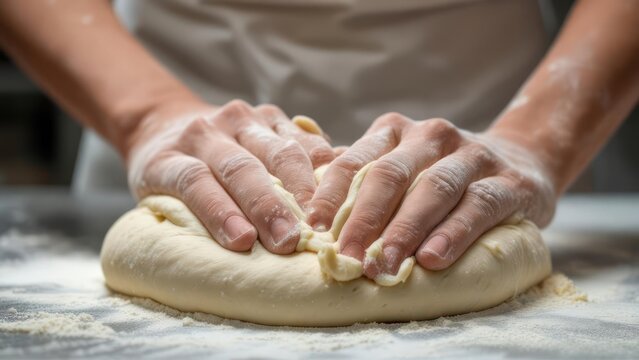 Professional baker hands kneading fresh raw dough on a floured surface.