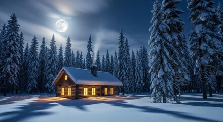 Cozy Log Cabin Nestled Deep Within a Snow Covered Winter Forest Under a Bright Full Moon