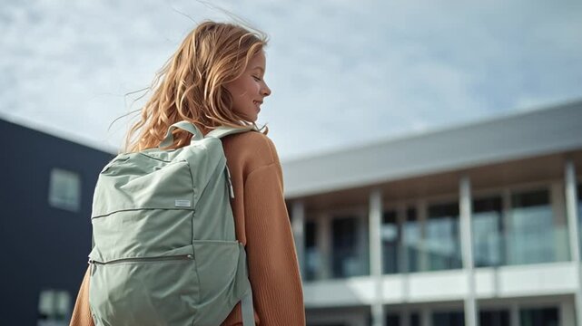 A young student is walking toward her school with a light green backpack on her shoulders. The cloudy sky adds a serene backdrop to her focused demeanor on a typical school day.