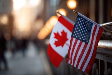 Vibrant photo of canadian and american flags waving in the city at dusk
