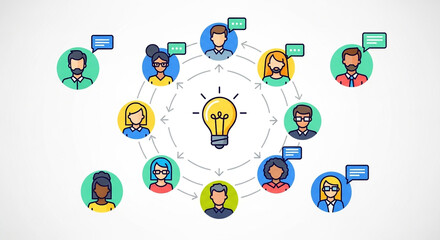 Group of diverse people sharing ideas and collaborating on a project, isolated on white background, with a light bulb at the center