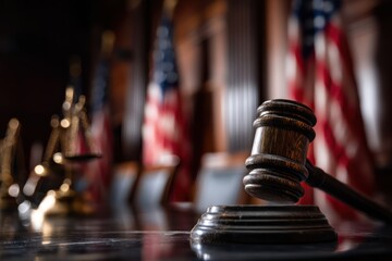Judge's gavel in courtroom with American flags display