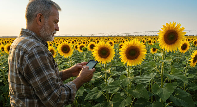 Modern Farmer Collecting Data in Yellow Flower Plantation With Drone