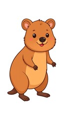 Fototapeta premium A charming, cartoonish marsupial with brown fur, rosy cheeks, and a friendly smile, standing upright against a white background