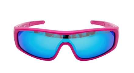 Isolated blue mirror sunglasses with pink frame for sports, fashion, or safety eyewear