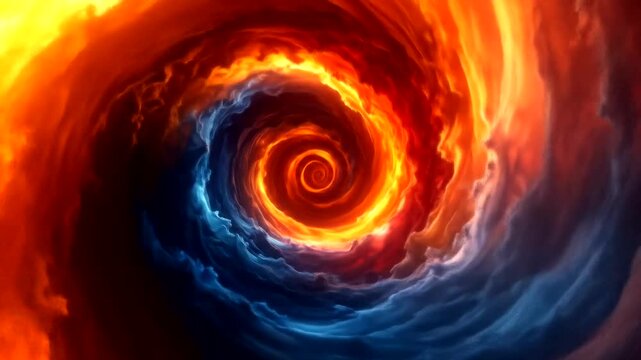 Fiery and icy clouds swirl in a cosmic vortex with glowing light.