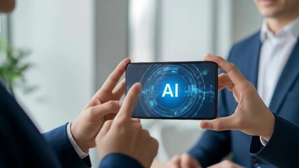 Business man showing artificial intelligence concept on smartphone to another man, digital innovation and future technology footage. - Powered by Adobe