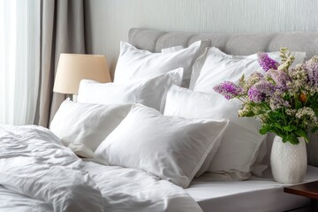 Luxurious bed scene with white bedding and soft pillows
