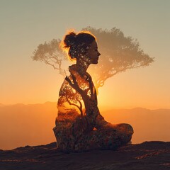 A young woman practices meditation before sunset. Double exposure