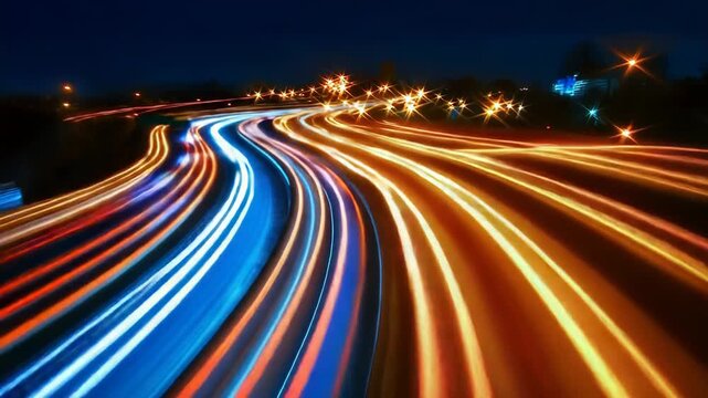 City traffic leaving multicolored light trails at night - Powered by Adobe