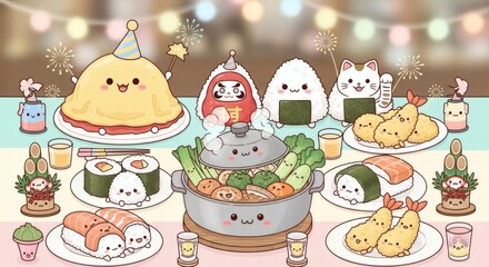 Adorable Kawaii Food Festival Celebration with Cute Characters and Festive Decorations