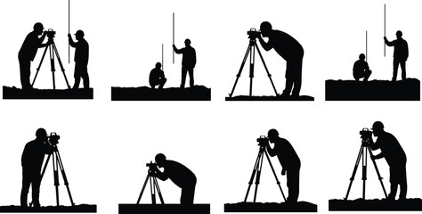 Silhouettes of Land Surveyors Using Equipment in Fieldwork with Tripods, Theodolites, and Leveling Rods for Construction and Mapping Projects