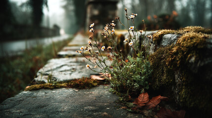 Wildflowers grow among moss on an old stone wall on a misty autumn day.
