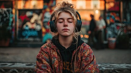 A young woman sits outside, wearing headphones for a guided meditation. Her eyes are closed
