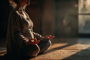 Photo of an unknown pregnant woman meditating at home. Side view. Bokeh.