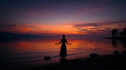 Silhouette of women standing in meditation on the beach shore at sunset.