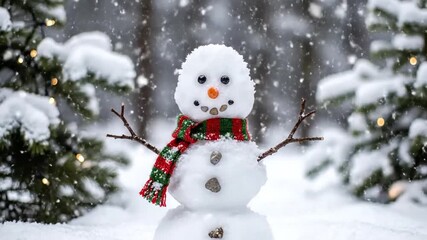 Snowy season festive scene with smiling snowman ornament and natural setting - Powered by Adobe