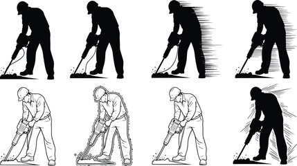Vector illustration of jackhammer operator in multiple artistic styles showing construction work, motion effects, and industrial labor action scenes